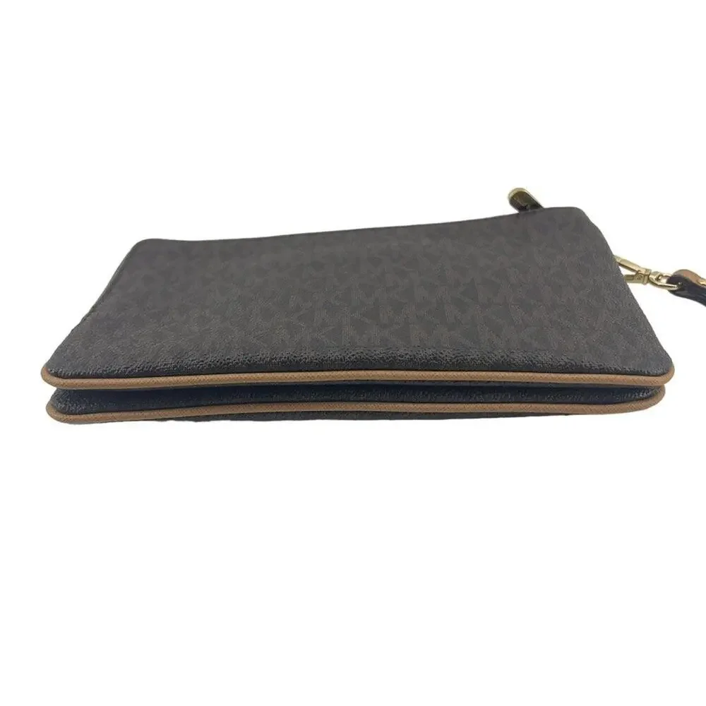 Michael Kors Double Zip Wristlet Leather Brown Tan